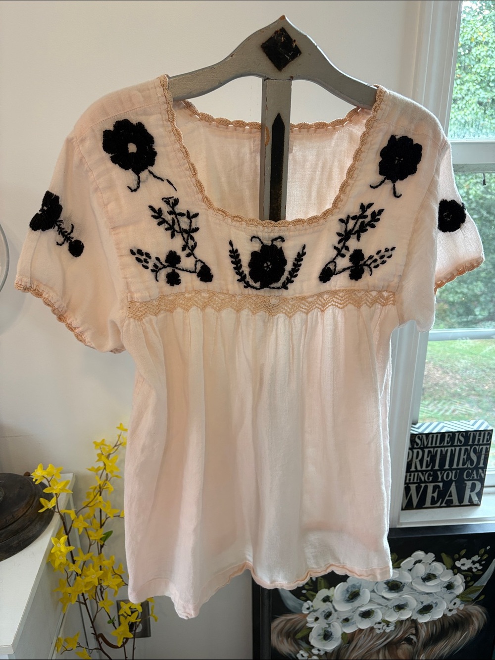 THML Blush Peasant Top with Black Floral Embroidery